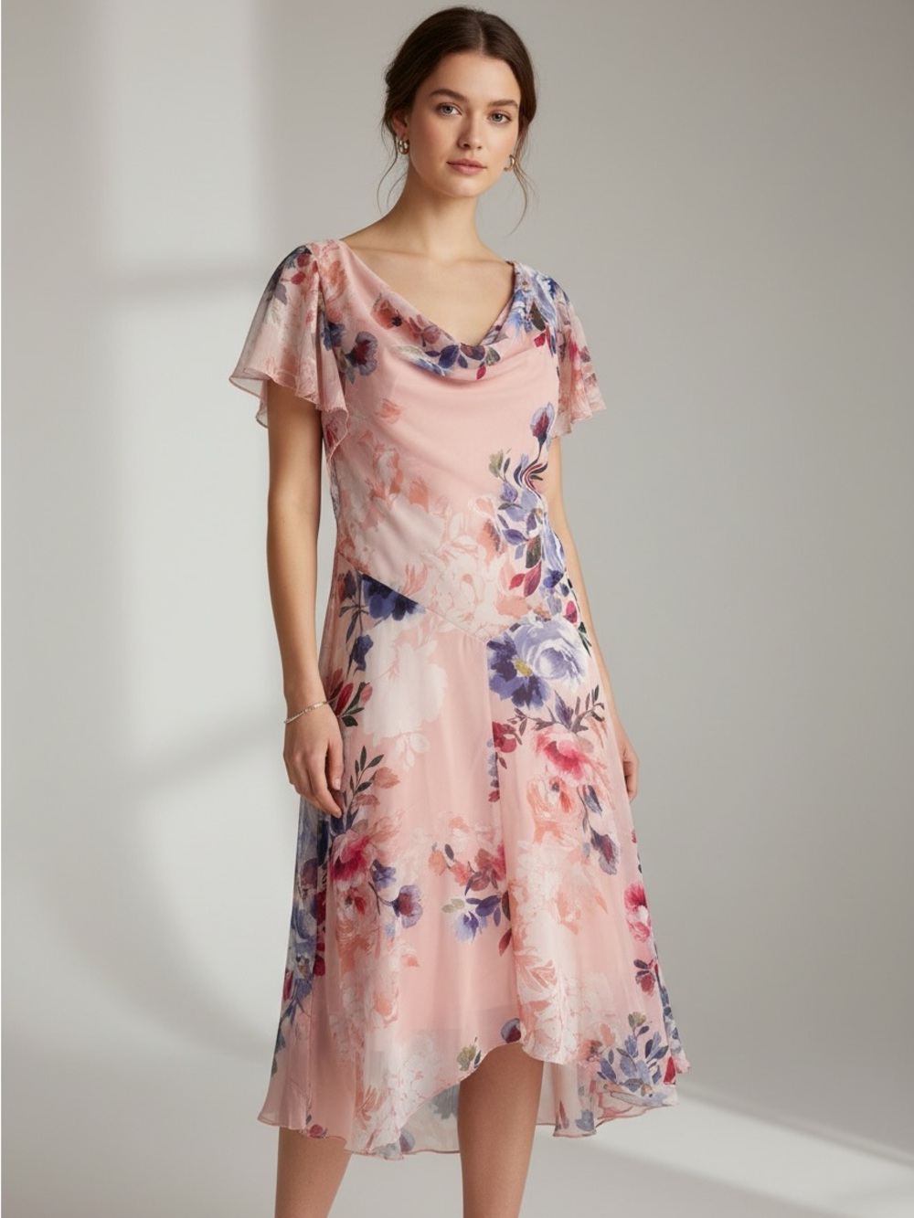 New Robbie Bee Pink Floral Cowl Neck High-Low Midi Dress size 16 W
